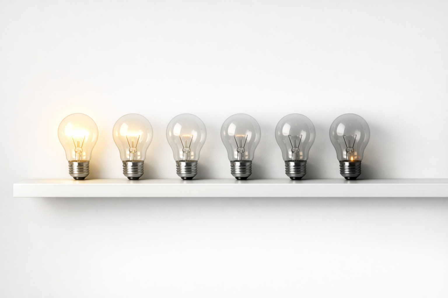 A row of light bulbs on a white shelf, gradually dimming from bright on the left to nearly dark on the right, representing how decision-making capacity depletes with each successive choice