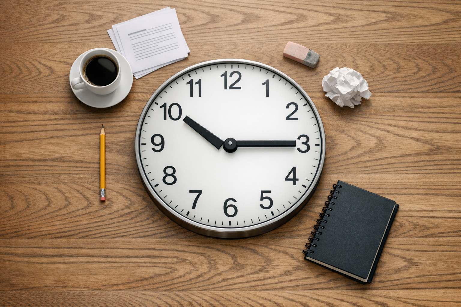 Overhead view of an analog clock on a wooden desk surrounded by objects representing productivity at different times of day: coffee and sharp pencil in the morning hours, crumpled paper and worn eraser in the afternoon