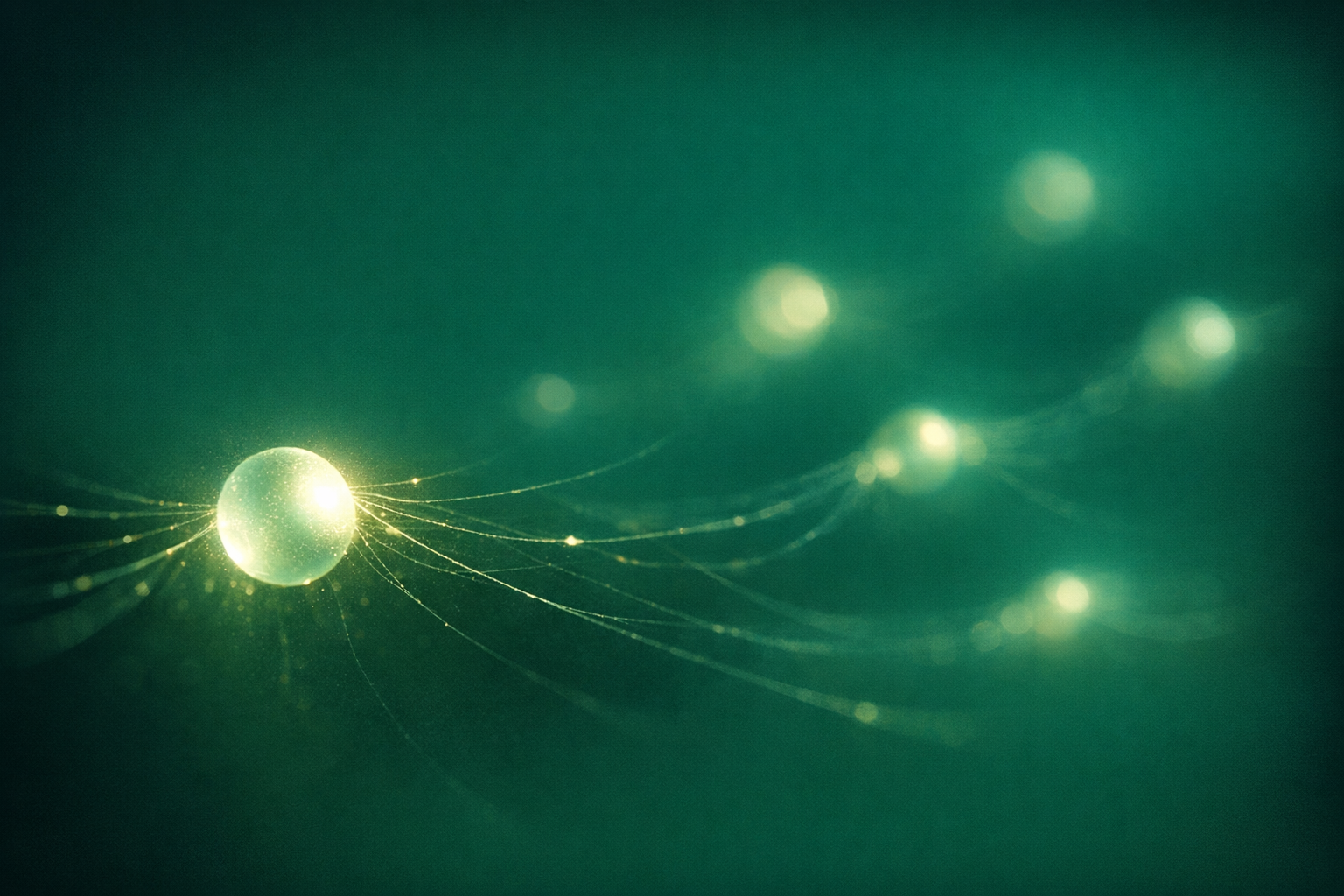 Glowing orbs connected by fading luminous threads in a deep green atmosphere, illustrating attention residue between tasks