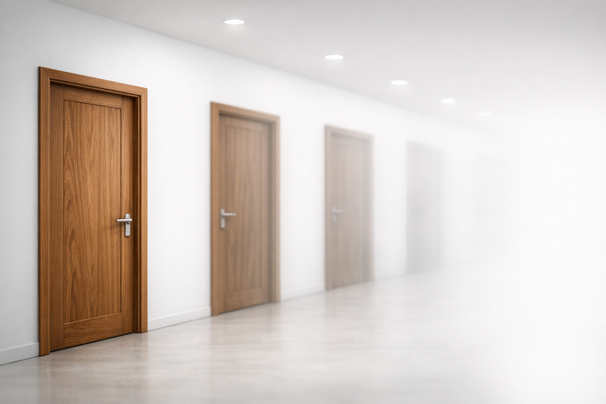 Wooden doors in a white corridor, each progressively more blurred and faded, visualizing how decision clarity diminishes with each choice