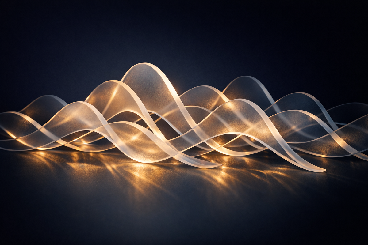 Translucent glass wave forms at different frequencies catching golden light against a dark background, representing biological ultradian rhythms