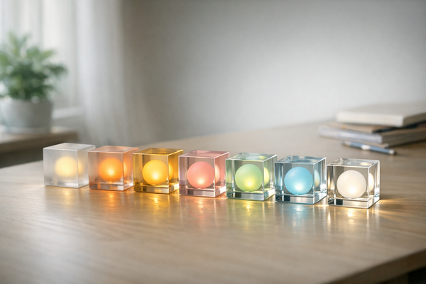Seven translucent glass cubes on a wooden desk, each containing a glowing orb of a different color, representing the seven days of a planned week