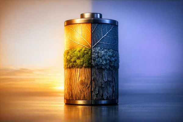A battery shape made of organic natural materials, split between warm sunrise light and cool blue dusk, representing biological energy cycles