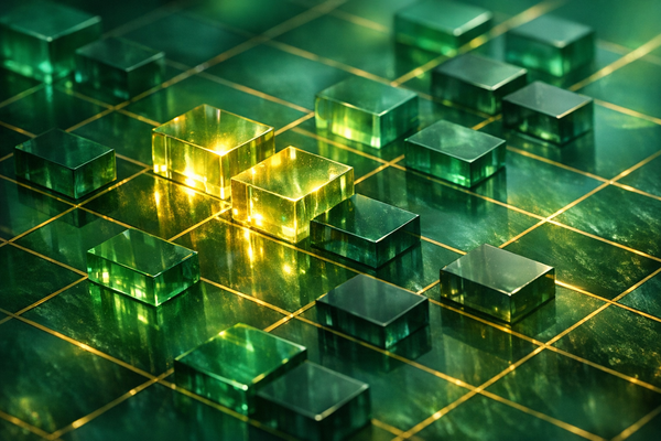 Calendar grid with translucent emerald crystal blocks of varying brightness, representing time blocks matched to energy levels